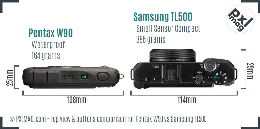 Pentax W90 vs Samsung TL500 top view buttons comparison