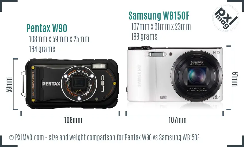 Pentax W90 vs Samsung WB150F size comparison