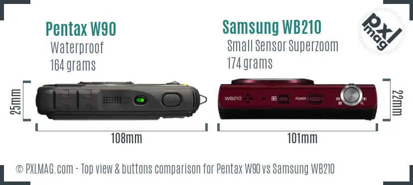 Pentax W90 vs Samsung WB210 top view buttons comparison Pentax W90 vs Samsung WB210 top view buttons comparison