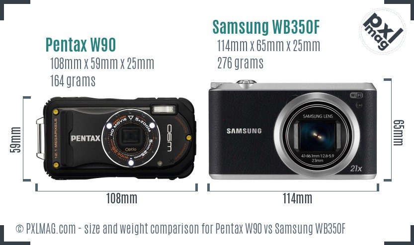 Pentax W90 vs Samsung WB350F size comparison Pentax W90 vs Samsung WB350F size comparison