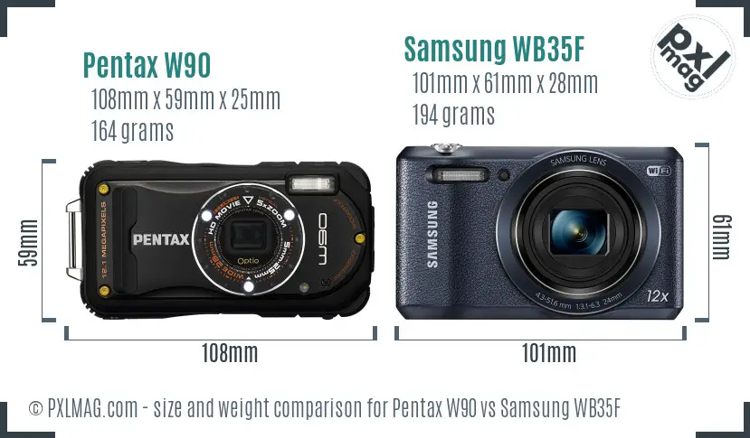 Pentax W90 vs Samsung WB35F size comparison Pentax W90 vs Samsung WB35F size comparison