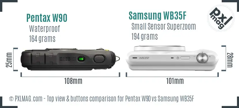 Pentax W90 vs Samsung WB35F top view buttons comparison Pentax W90 vs Samsung WB35F top view buttons comparison