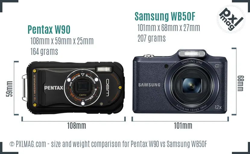 Pentax W90 vs Samsung WB50F size comparison