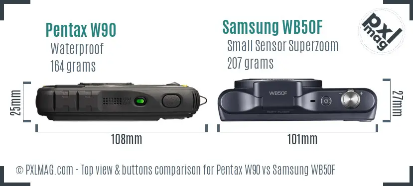 Pentax W90 vs Samsung WB50F top view buttons comparison