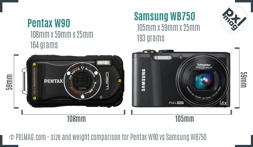 Pentax W90 vs Samsung WB750 size comparison