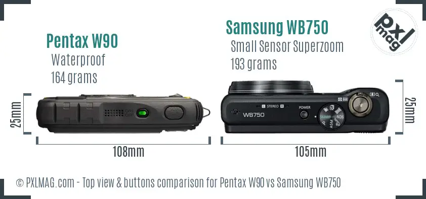 Pentax W90 vs Samsung WB750 top view buttons comparison