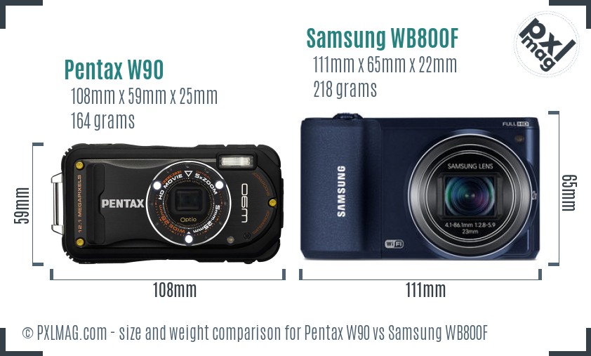 Pentax W90 vs Samsung WB800F size comparison
