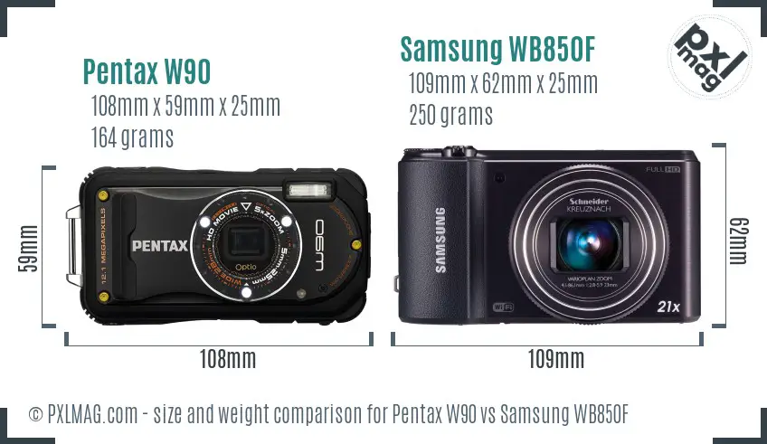 Pentax W90 vs Samsung WB850F size comparison