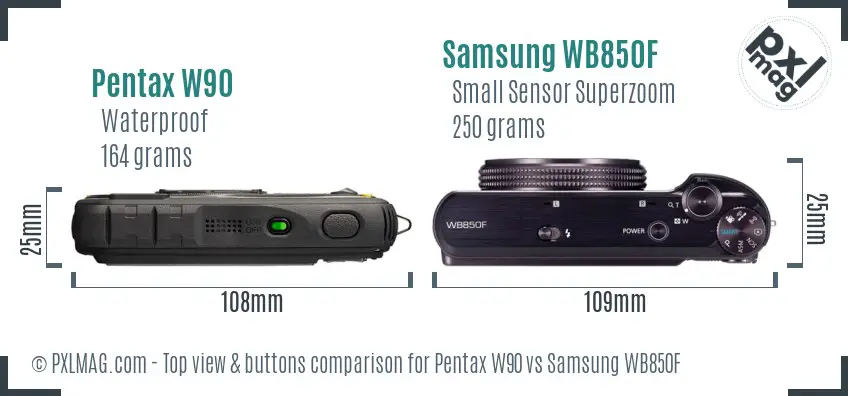 Pentax W90 vs Samsung WB850F top view buttons comparison