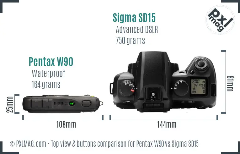 Pentax W90 vs Sigma SD15 top view buttons comparison