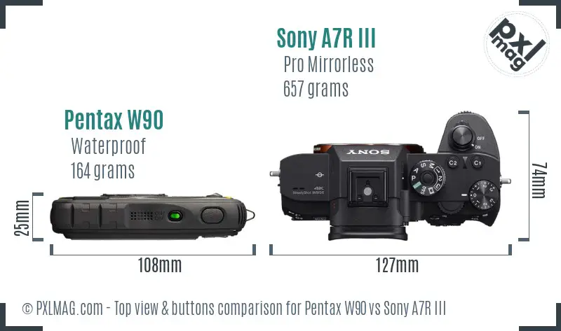 Pentax W90 vs Sony A7R III top view buttons comparison