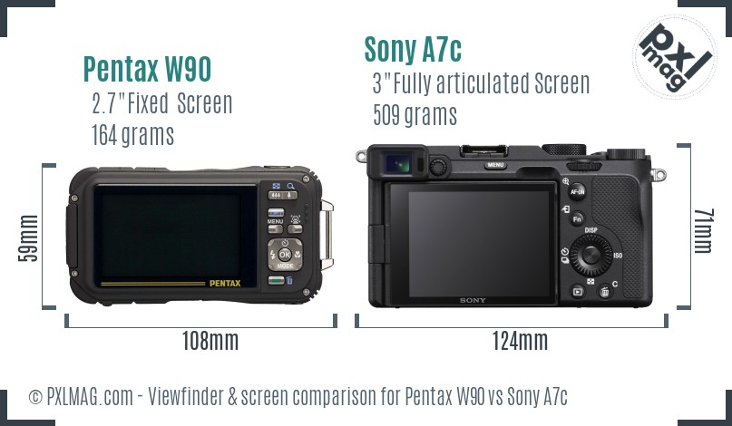 Pentax W90 vs Sony A7c Screen and Viewfinder comparison