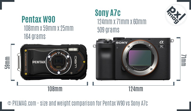 Pentax W90 vs Sony A7c size comparison