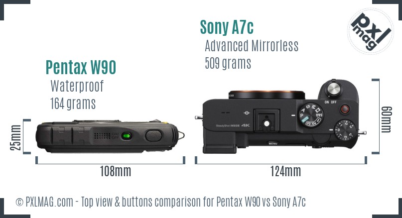 Pentax W90 vs Sony A7c top view buttons comparison