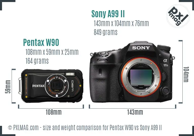 Pentax W90 vs Sony A99 II size comparison