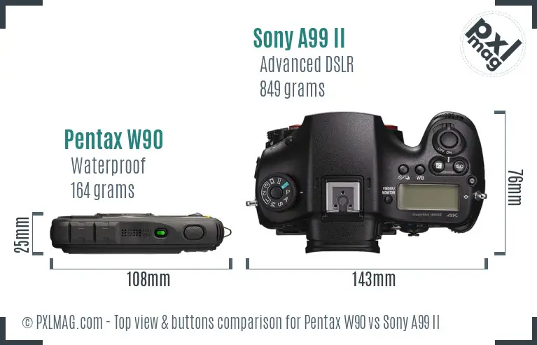 Pentax W90 vs Sony A99 II top view buttons comparison