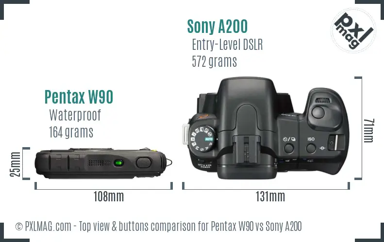 Pentax W90 vs Sony A200 top view buttons comparison