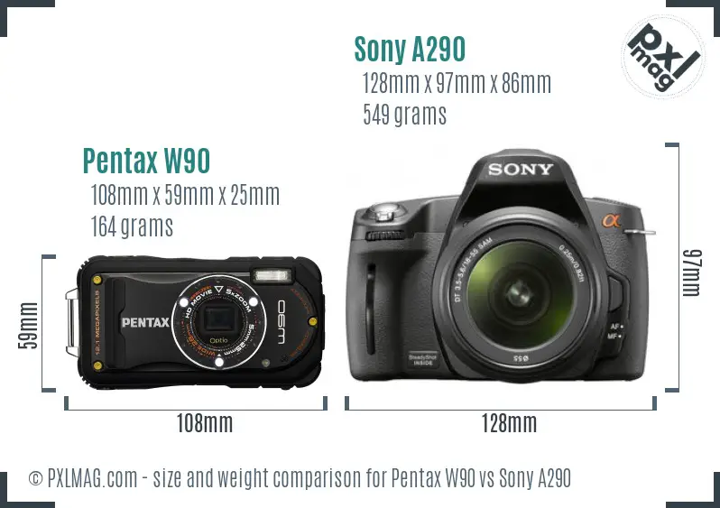 Pentax W90 vs Sony A290 size comparison Pentax W90 vs Sony A290 size comparison