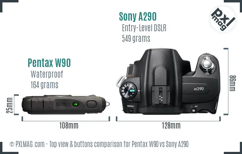 Pentax W90 vs Sony A290 top view buttons comparison Pentax W90 vs Sony A290 top view buttons comparison
