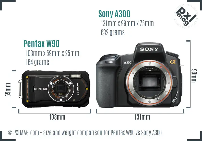 Pentax W90 vs Sony A300 size comparison