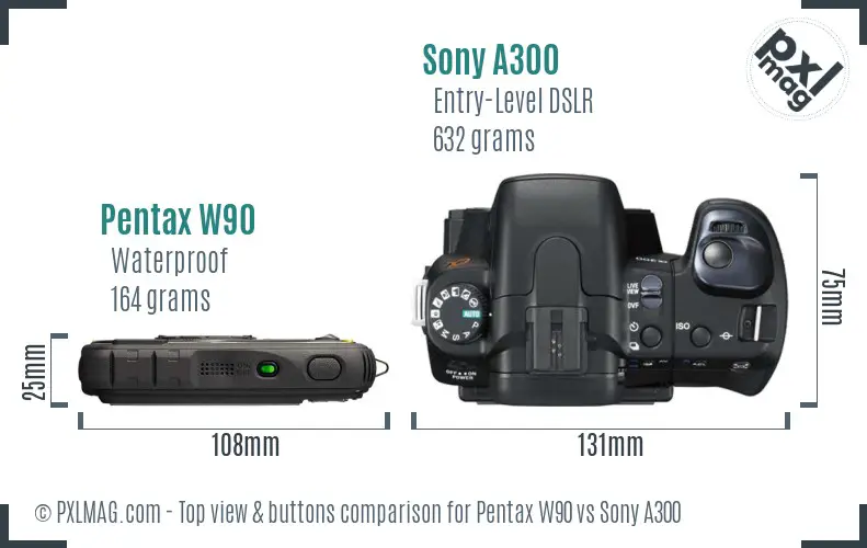 Pentax W90 vs Sony A300 top view buttons comparison