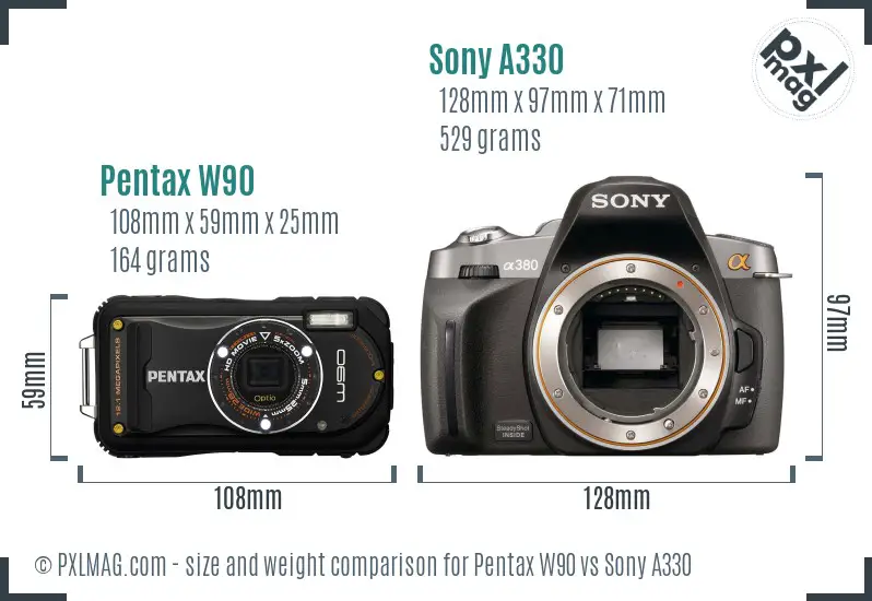 Pentax W90 vs Sony A330 size comparison