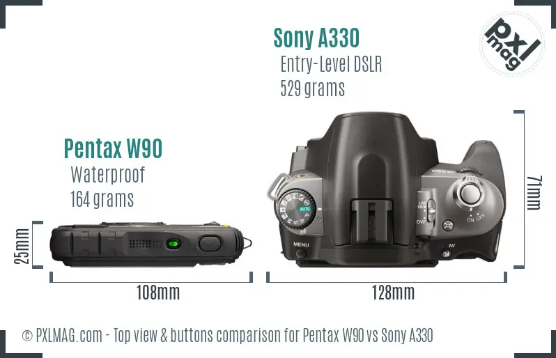 Pentax W90 vs Sony A330 top view buttons comparison