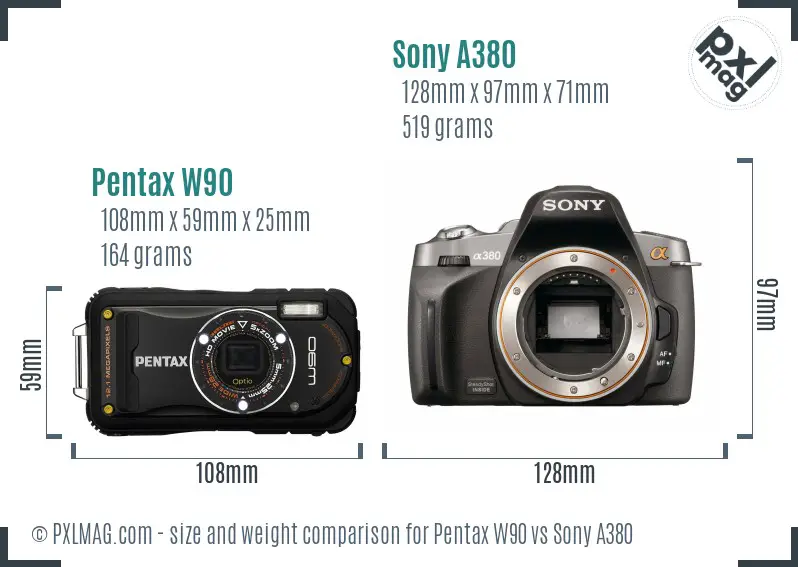 Pentax W90 vs Sony A380 size comparison Pentax W90 vs Sony A380 size comparison