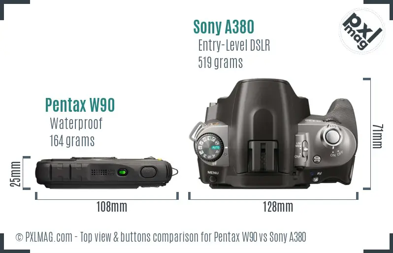 Pentax W90 vs Sony A380 top view buttons comparison Pentax W90 vs Sony A380 top view buttons comparison