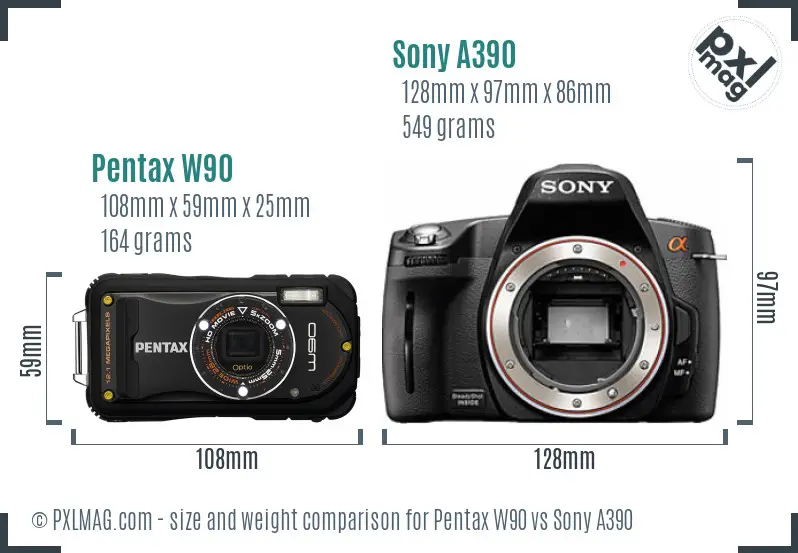 Pentax W90 vs Sony A390 size comparison