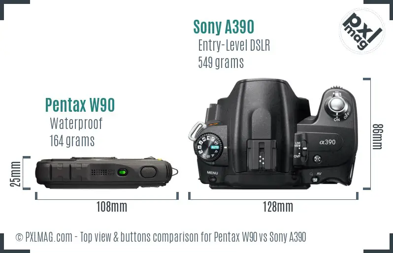 Pentax W90 vs Sony A390 top view buttons comparison