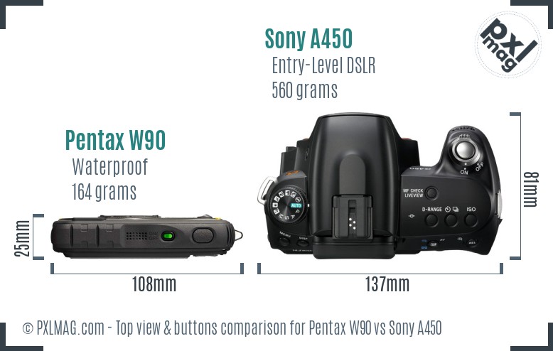 Pentax W90 vs Sony A450 top view buttons comparison
