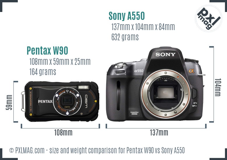 Pentax W90 vs Sony A550 size comparison Pentax W90 vs Sony A550 size comparison
