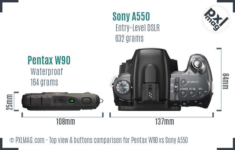 Pentax W90 vs Sony A550 top view buttons comparison