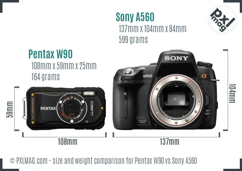 Pentax W90 vs Sony A560 size comparison