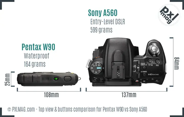 Pentax W90 vs Sony A560 top view buttons comparison