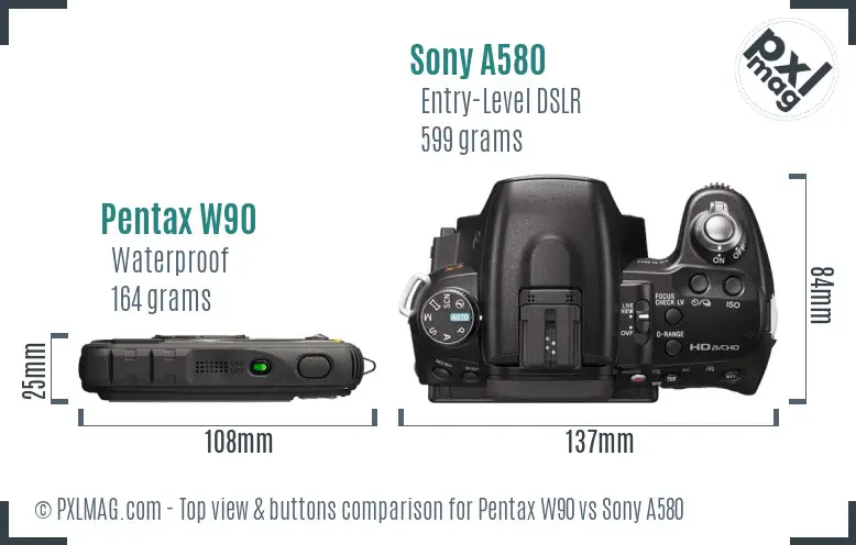 Pentax W90 vs Sony A580 top view buttons comparison Pentax W90 vs Sony A580 top view buttons comparison