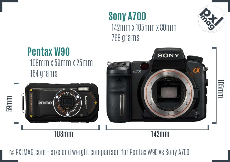 Pentax W90 vs Sony A700 size comparison