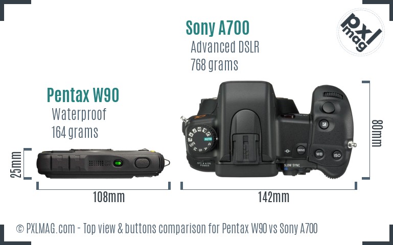 Pentax W90 vs Sony A700 top view buttons comparison