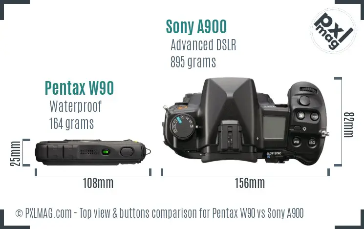Pentax W90 vs Sony A900 top view buttons comparison Pentax W90 vs Sony A900 top view buttons comparison