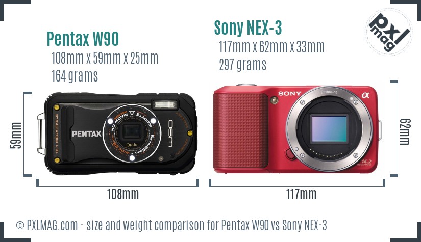 Pentax W90 vs Sony NEX-3 size comparison Pentax W90 vs Sony NEX-3 size comparison