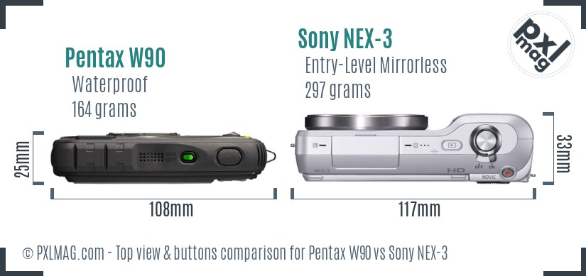 Pentax W90 vs Sony NEX-3 top view buttons comparison
