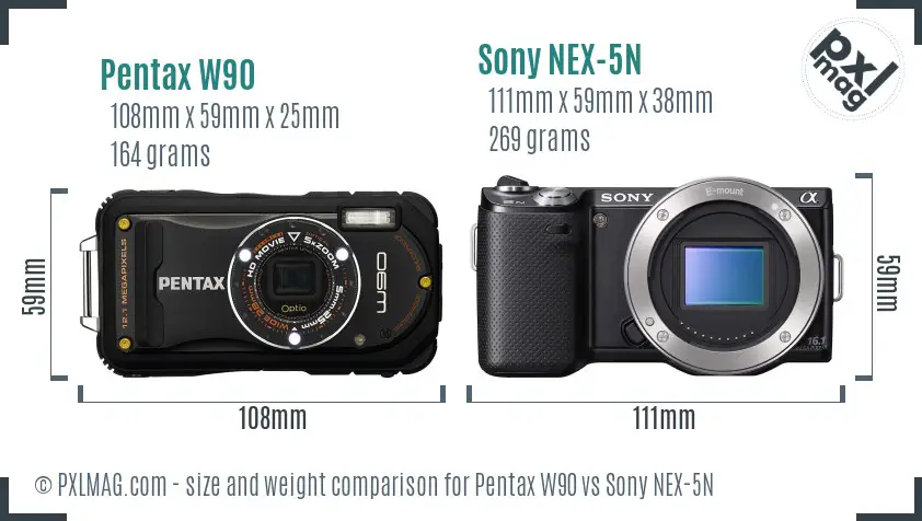 Pentax W90 vs Sony NEX-5N size comparison