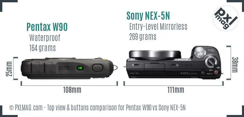 Pentax W90 vs Sony NEX-5N top view buttons comparison