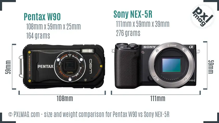 Pentax W90 vs Sony NEX-5R size comparison