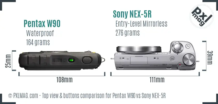 Pentax W90 vs Sony NEX-5R top view buttons comparison