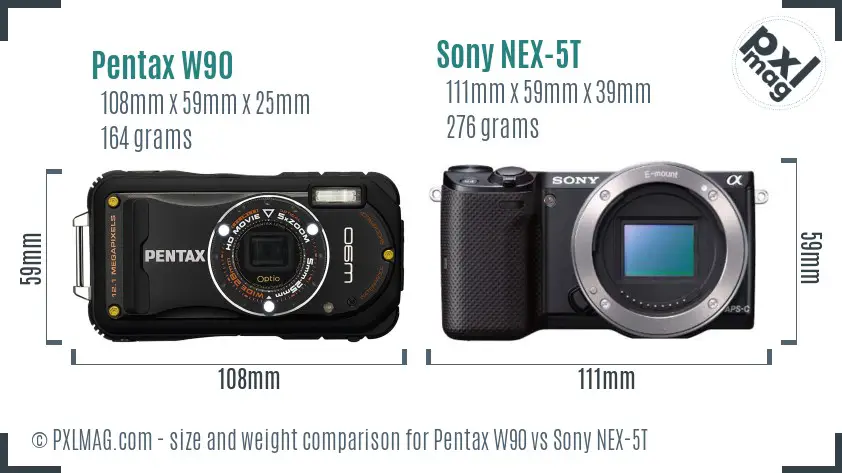 Pentax W90 vs Sony NEX-5T size comparison