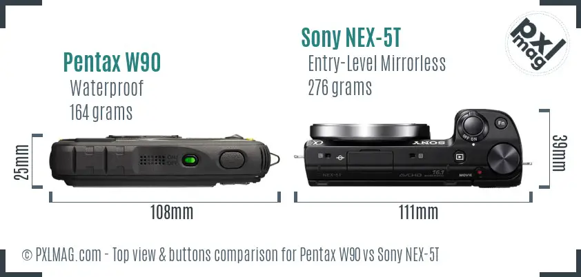 Pentax W90 vs Sony NEX-5T top view buttons comparison
