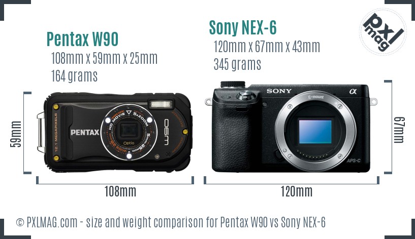 Pentax W90 vs Sony NEX-6 size comparison