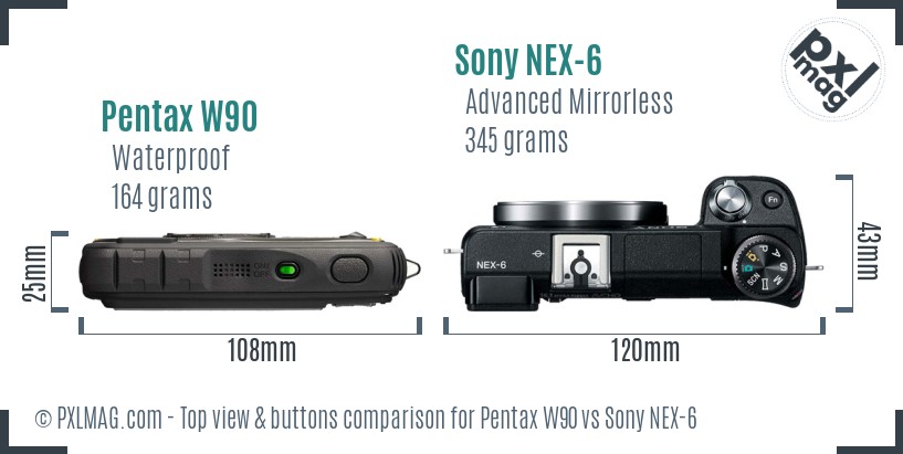 Pentax W90 vs Sony NEX-6 top view buttons comparison